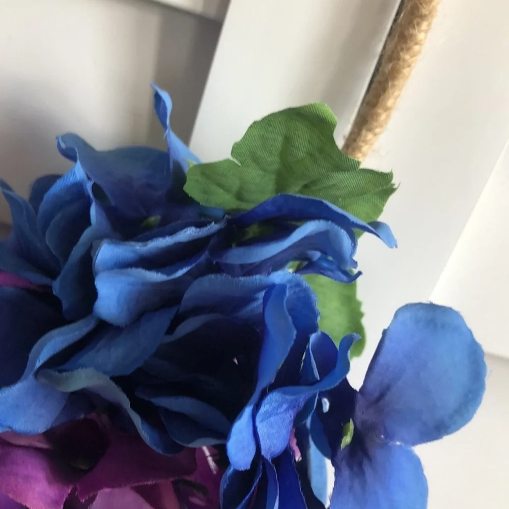 Blue Purple Hydrangea Azalea Floral Decor Twine Tweed Hoop Wreath